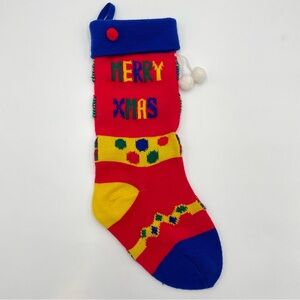 Christmas Stocking Knit Pom Poms Merry Xmas Colorful Red Blue Yellow Retro Decor